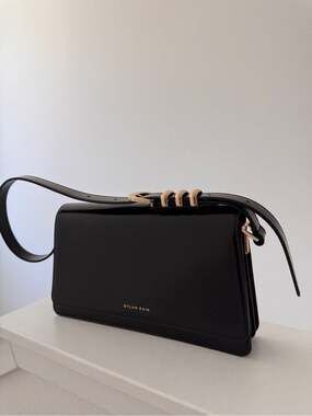 Dylan Kain Black Patent Leather Shoulder Bag Gold Hardware Structured Handbag